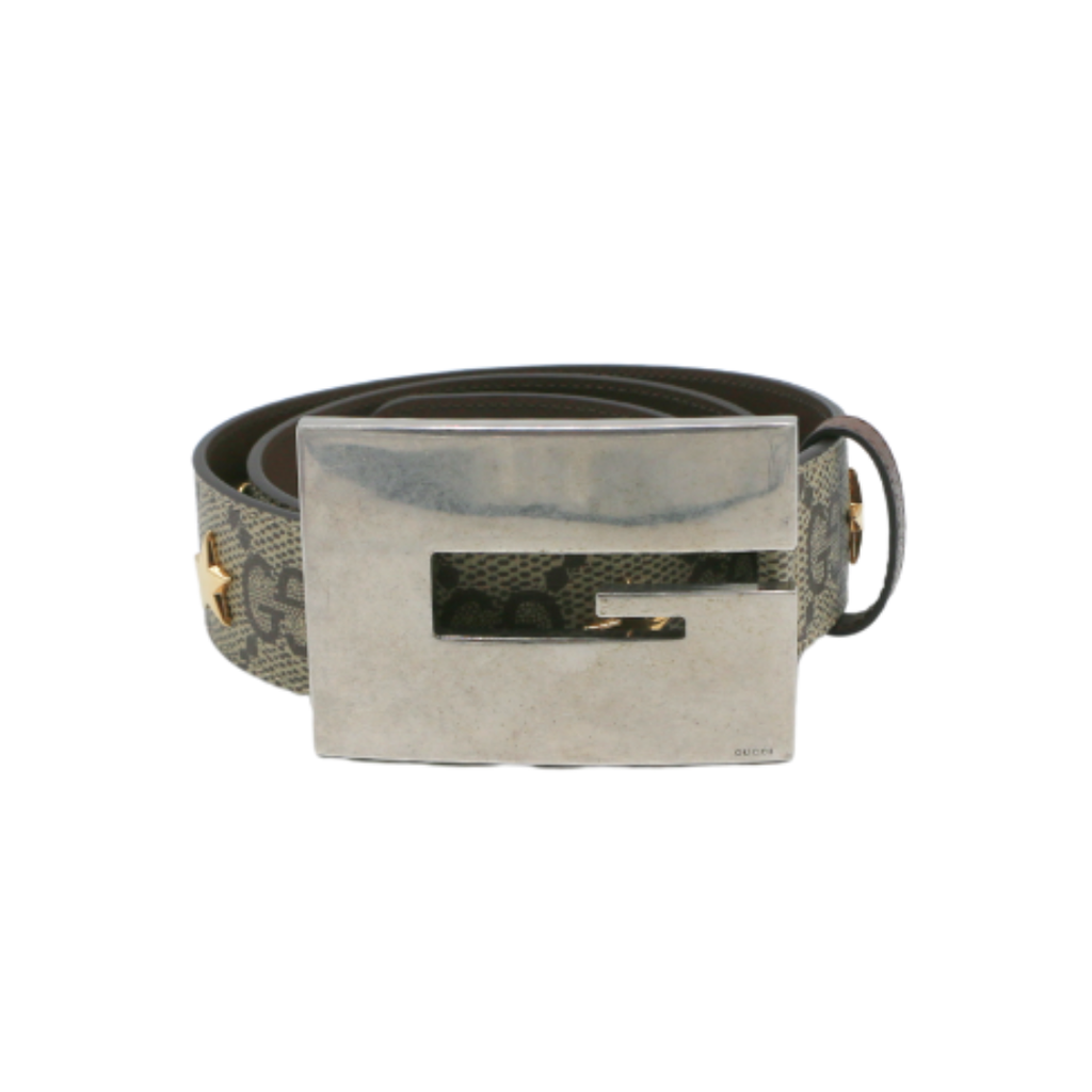 [Gucci-20591] Gucci Star Wide Belt With Square G In Beige And Ebony Supreme Brown Size 80 32 710086