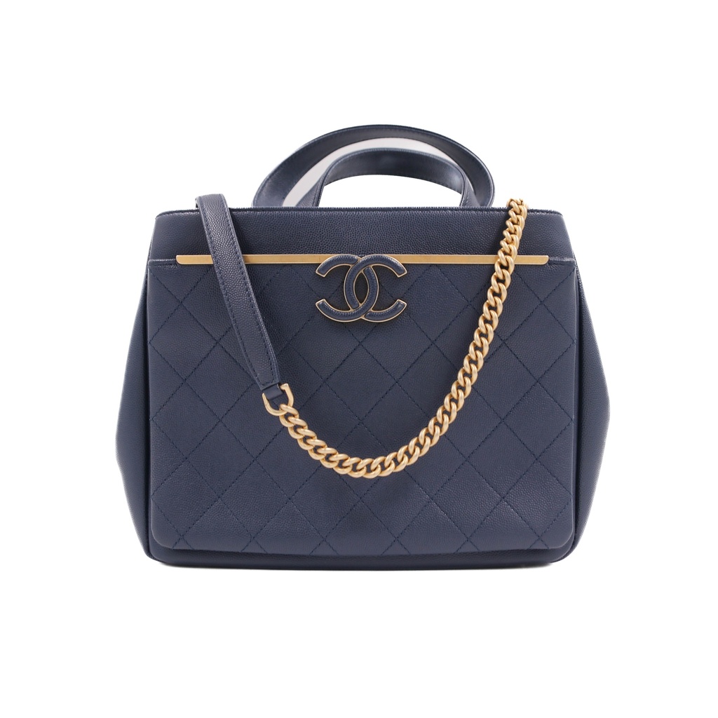 Chanel Grained Calfskin Small Lady Coco Top Handle Tote Navy Blue 