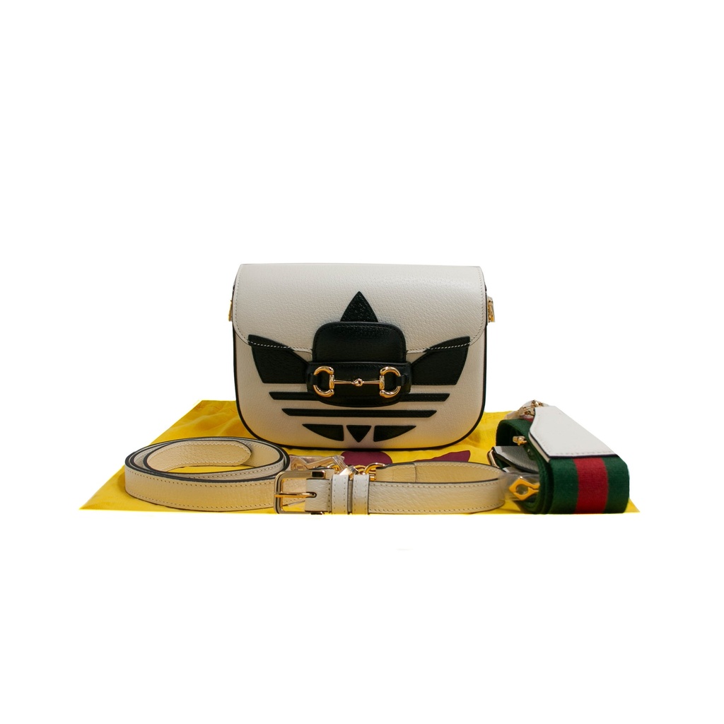 Gucci  X Adidas Textured Calfskin Web Mini Horsebit 1955 White Shoulder Bag 658574