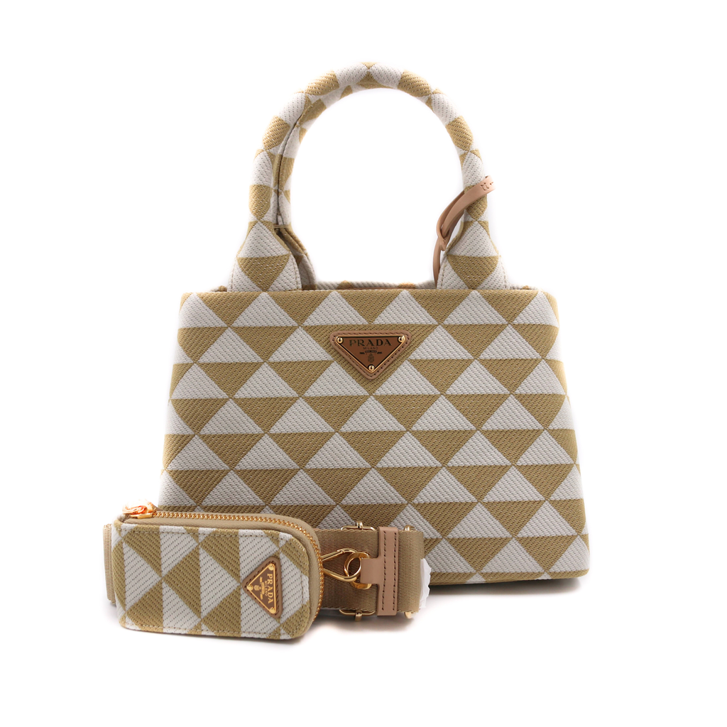 Prada Beige/chalk White Small Prada Symbole Embroidered Fabric Handbag
