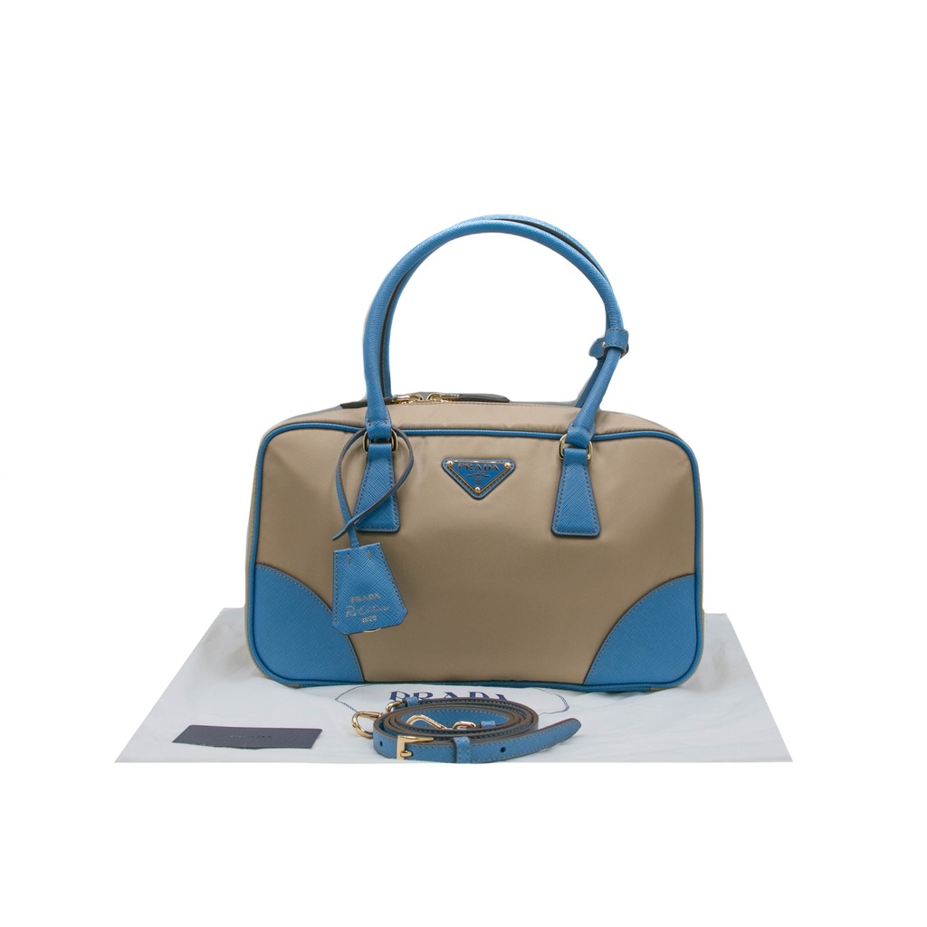 [Prada-21139] Prada Re-edition Camel 1978 Medium Re-nylon And Saffiano Leather Two-handle Bag