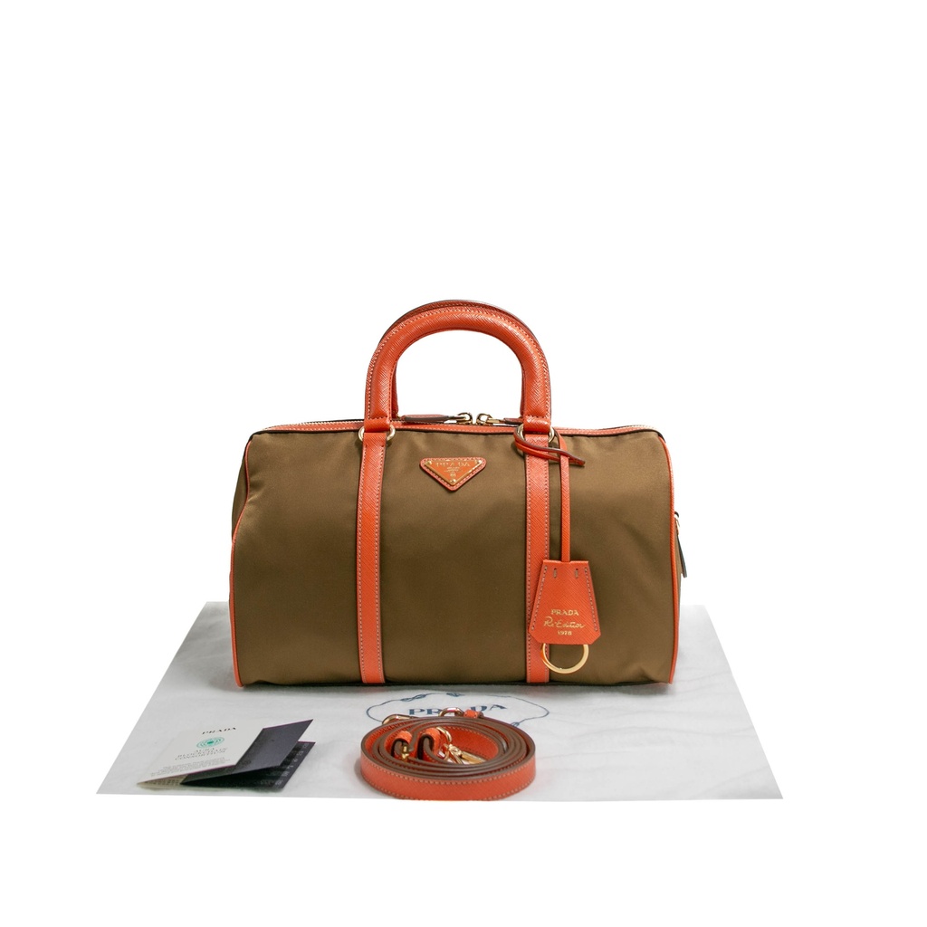 [Prada-21159] Prada Re-Edition Camel 1978 Medium Re-nylon And Saffiano Leather Two-handle Bag