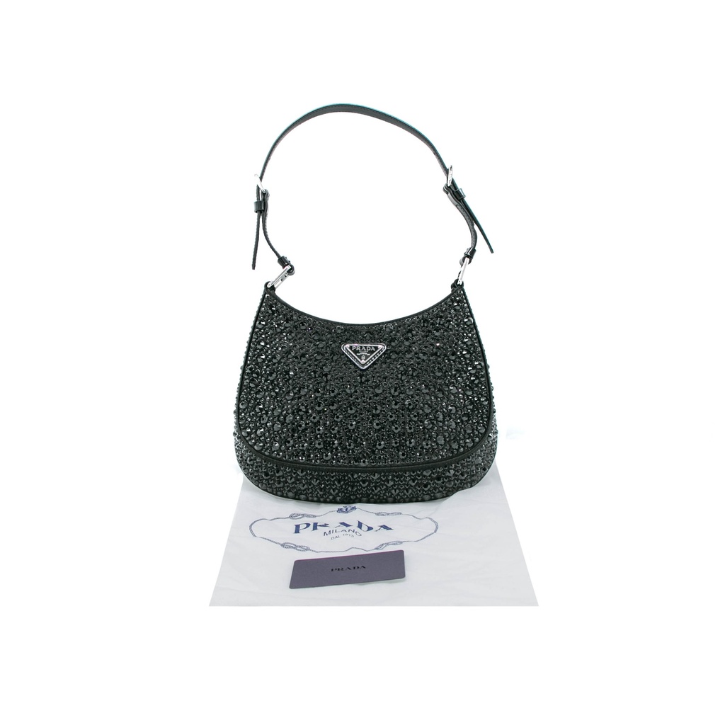[Prada-21162] Prada Cleo Satin Bag With Appliqués Crystals Blac