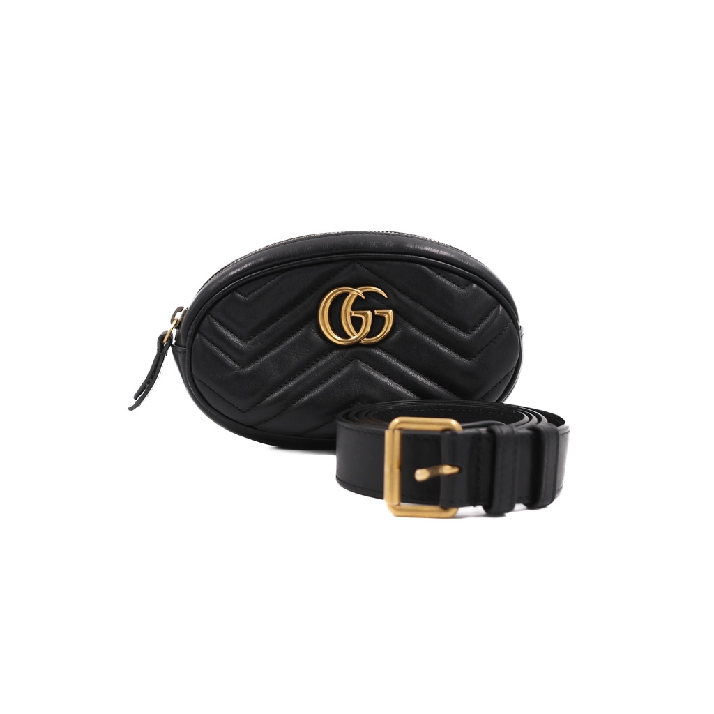 [Gucci-21192] Gucci GG Marmont Matelassé Leather Belt Bag in Black