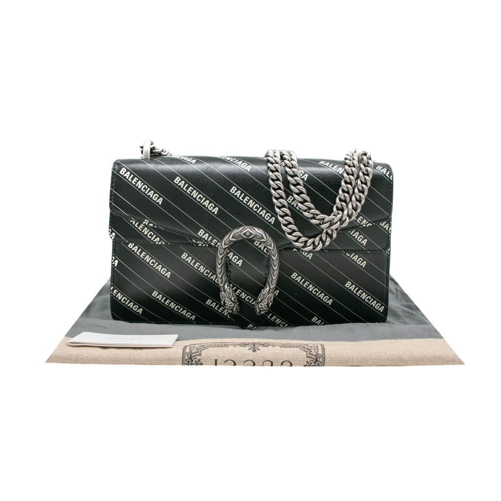 [Gucci-21222] Gucci X BALENCIAGA Calfskin Logo Print Small Dionysus Shoulder Bag Black 400249