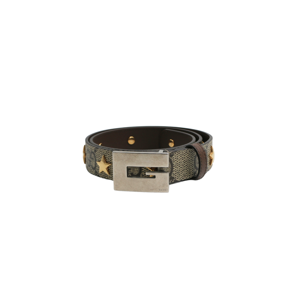 [Gucci-21289] Gucci Thin Belt Stars Studded Square G Buckle In Size 80 32
