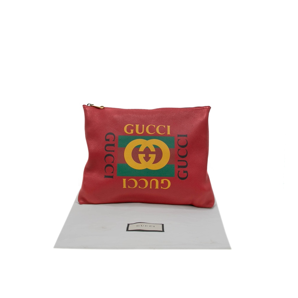 Gucci Pebbled Calfskin Medium Logo Portfolio Clutch Hibiscus Red 500981