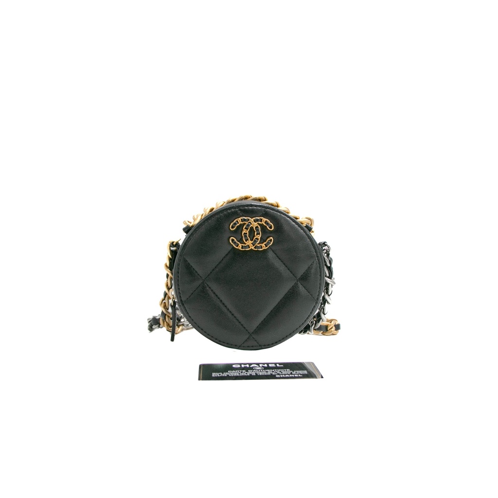 Chanel Shiny Goatskin Quilted Chanel 19 Round Clutch With Chain Black