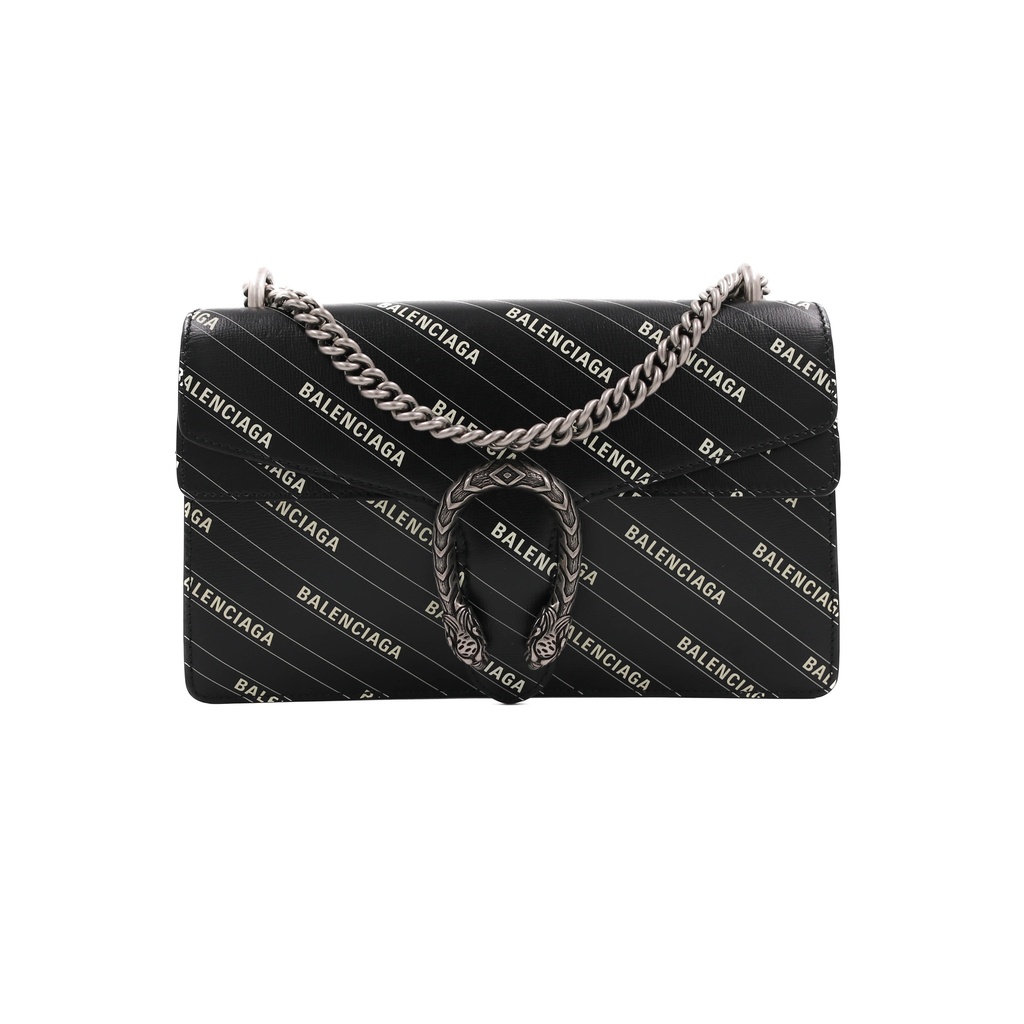 Gucci X BALENCIAGA Calfskin Logo Print Small Dionysus Shoulder Bag Black 400249