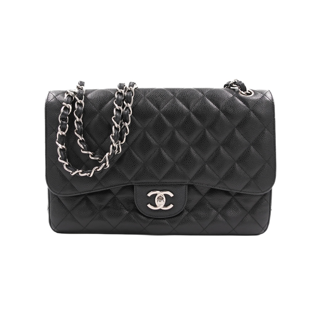 Chanel Classic Double Flap Caviar Jumbo Handbag Silver Hardware Black