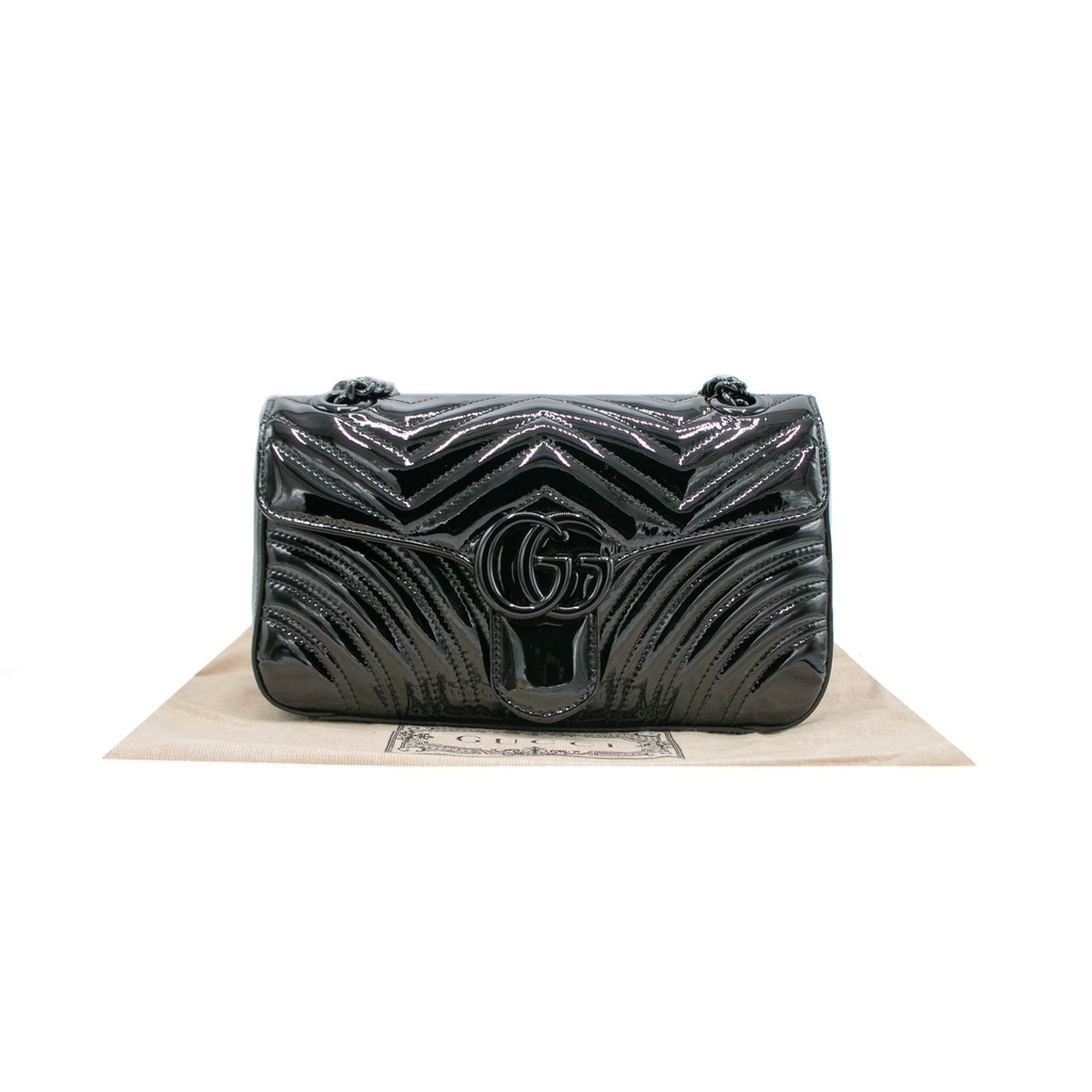 [Gucci-21688] Gucci GG Marmont Small Patent Shoulder Bag Matelassé Black 443497