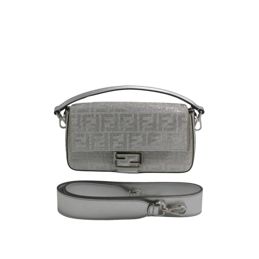 Fendi Crystal Vitello Laminato FF Baguette Crystal Argento