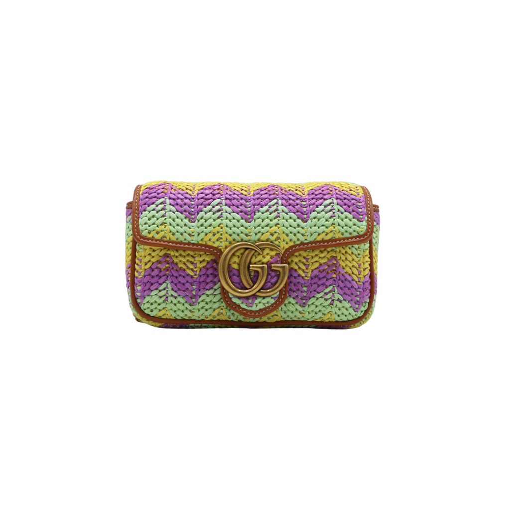 Gucci Woven Raffia Calfskin Super Mini GG Marmont Shoulder Bag Multicolor