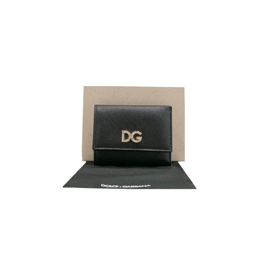 Dolce & Gabbana Black Leather DG Crystals Trifold Wallet