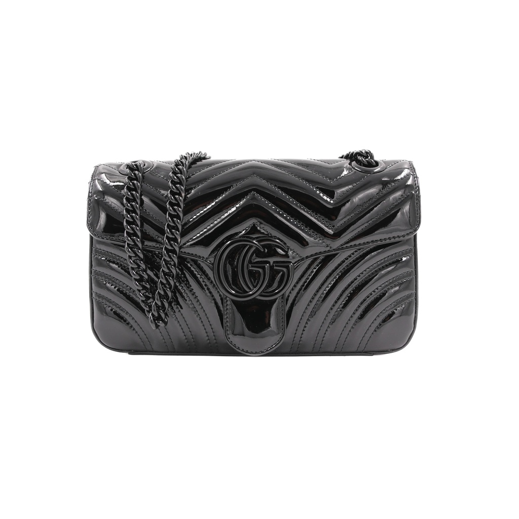 [Gucci-22682] Gucci GG Marmont Small Patent Shoulder Bag Matelassé Black 443497