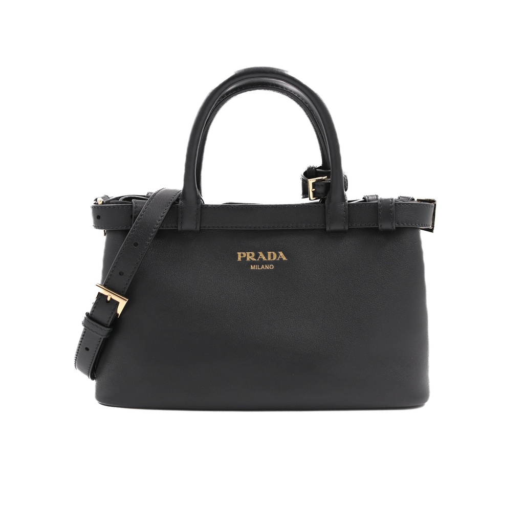 [Prada-23068] Prada Buckle Small Leather Handbag With Double Belt Black