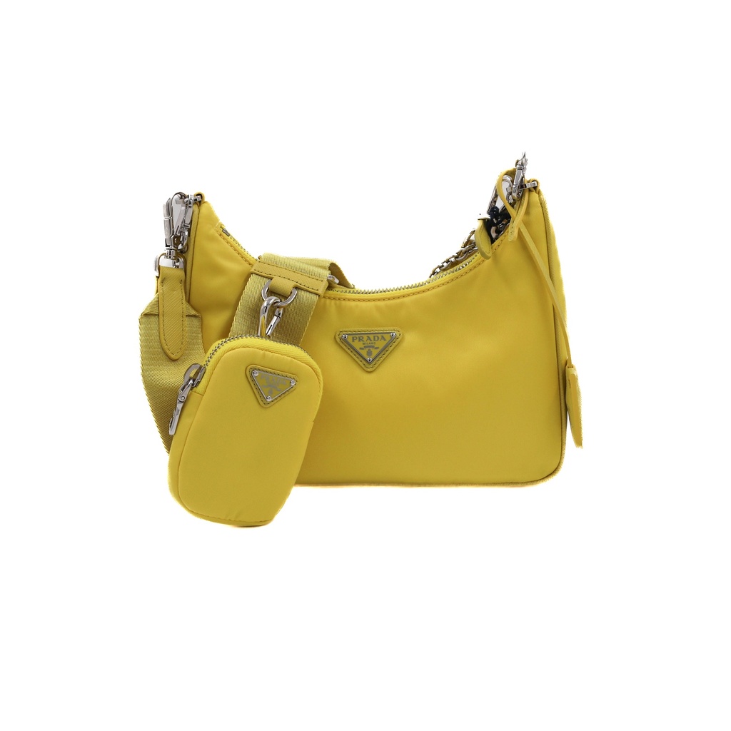 [Prada-23069] Prada 2005 Shoulder Bag Yellow in Re-Nylon with Silver Tone