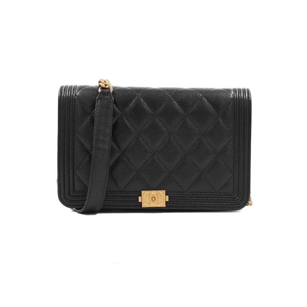 Chanel Black Quilted Caviar Leather Boy Wallet On Chain