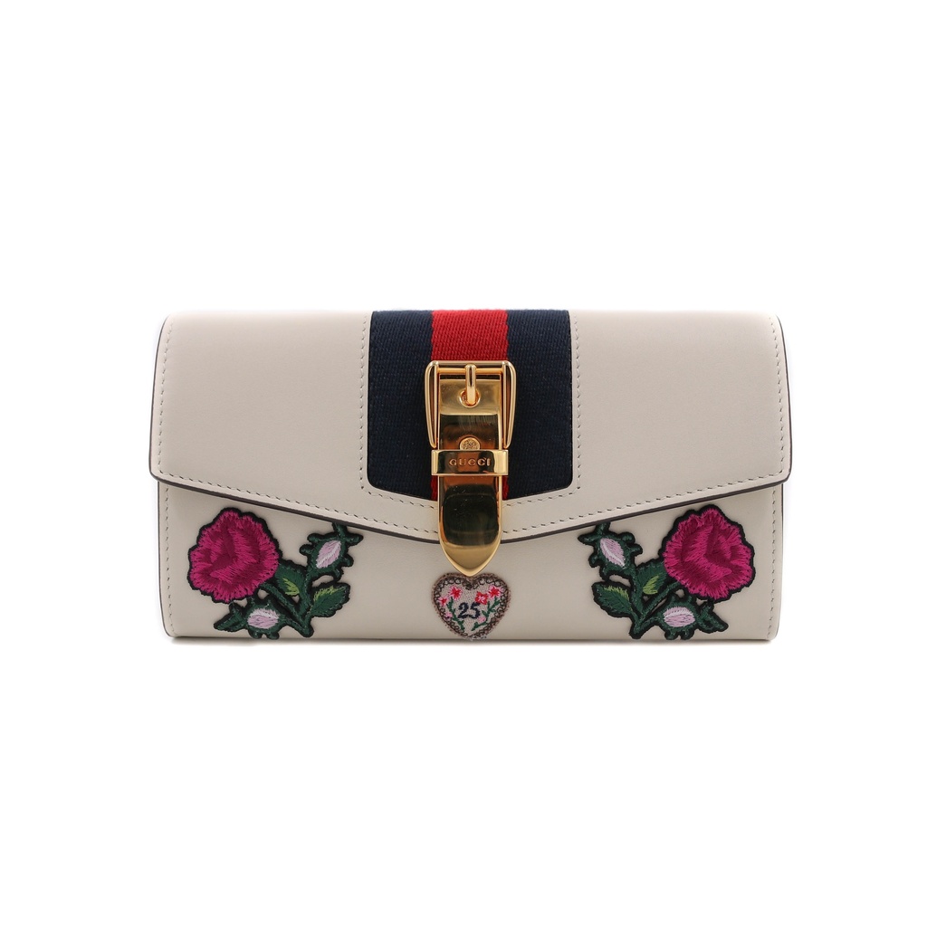 Gucci Sylvie Embroidered Leather Continental Wallet White