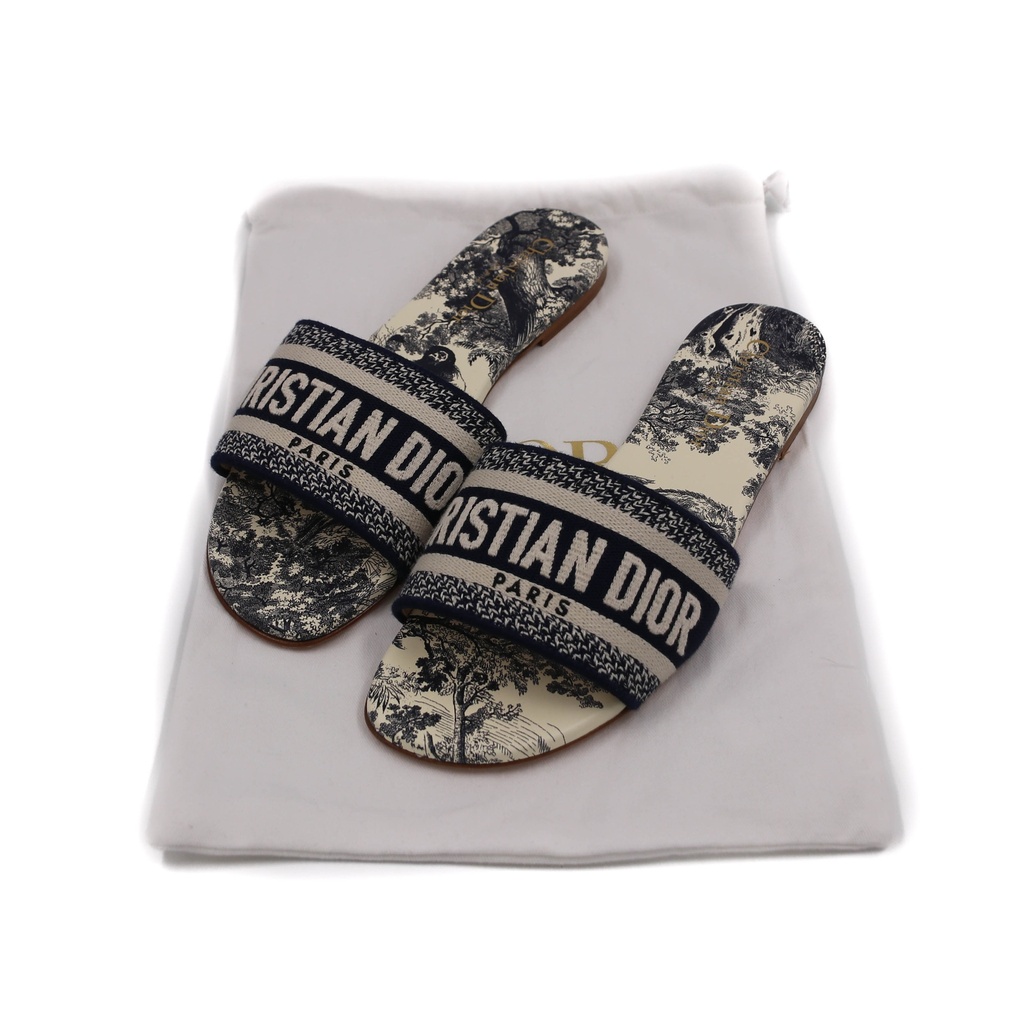 Christian Dior Dway Slide Blue Toile de Jouy Embroidered Cotton 37 1/2