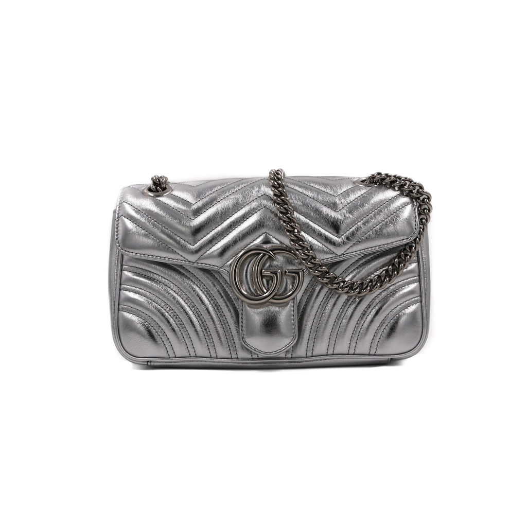 [Gucci-23399] Gucci GG Marmont Small Shoulder Bag Matelassé Silver 443497
