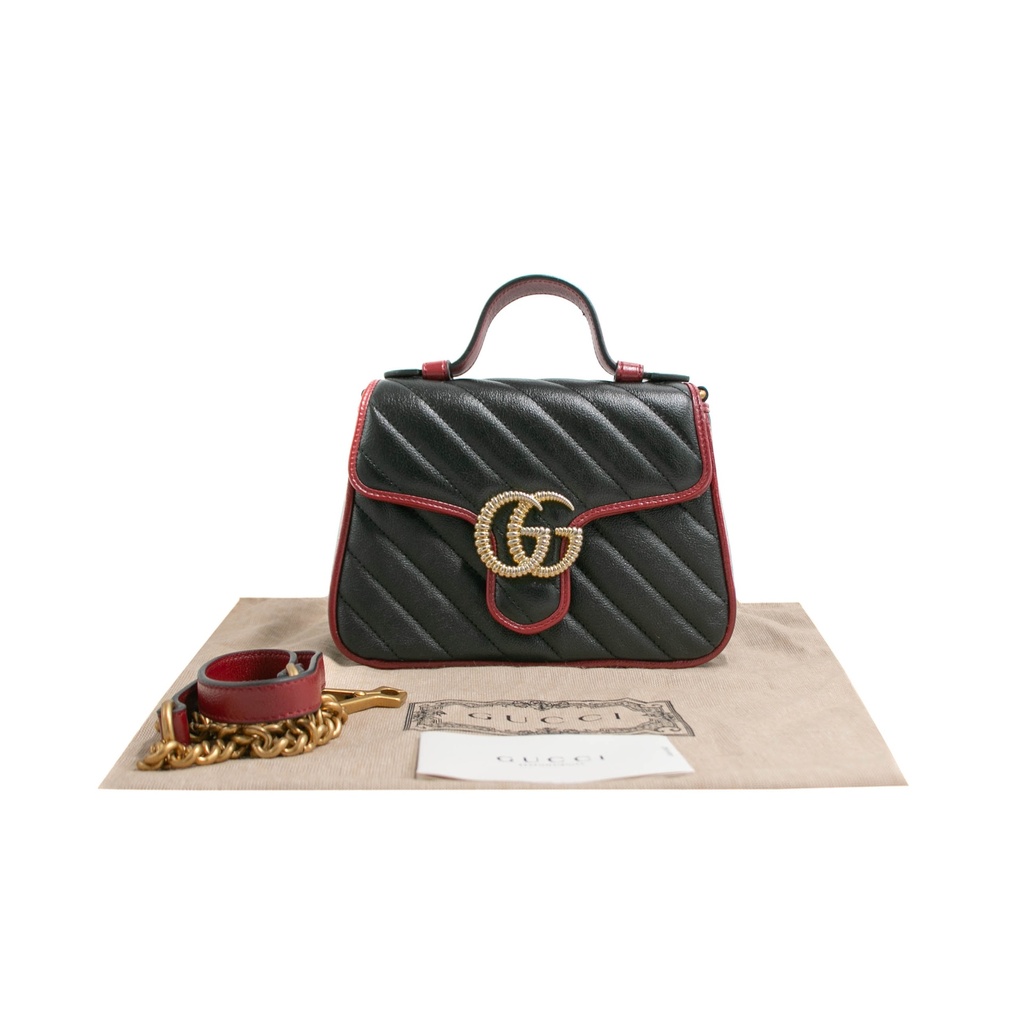 [Gucci-23427] Gucci GG Marmont Mini Top Handle Black and Red Bag 583571