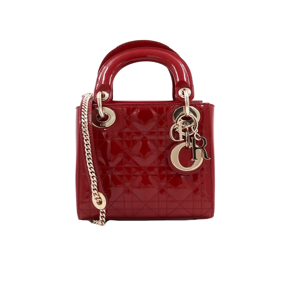 [Christian-Dior-23451] Christian Dior Lady Dior Mini Cannage Patent Leather Handbag Red