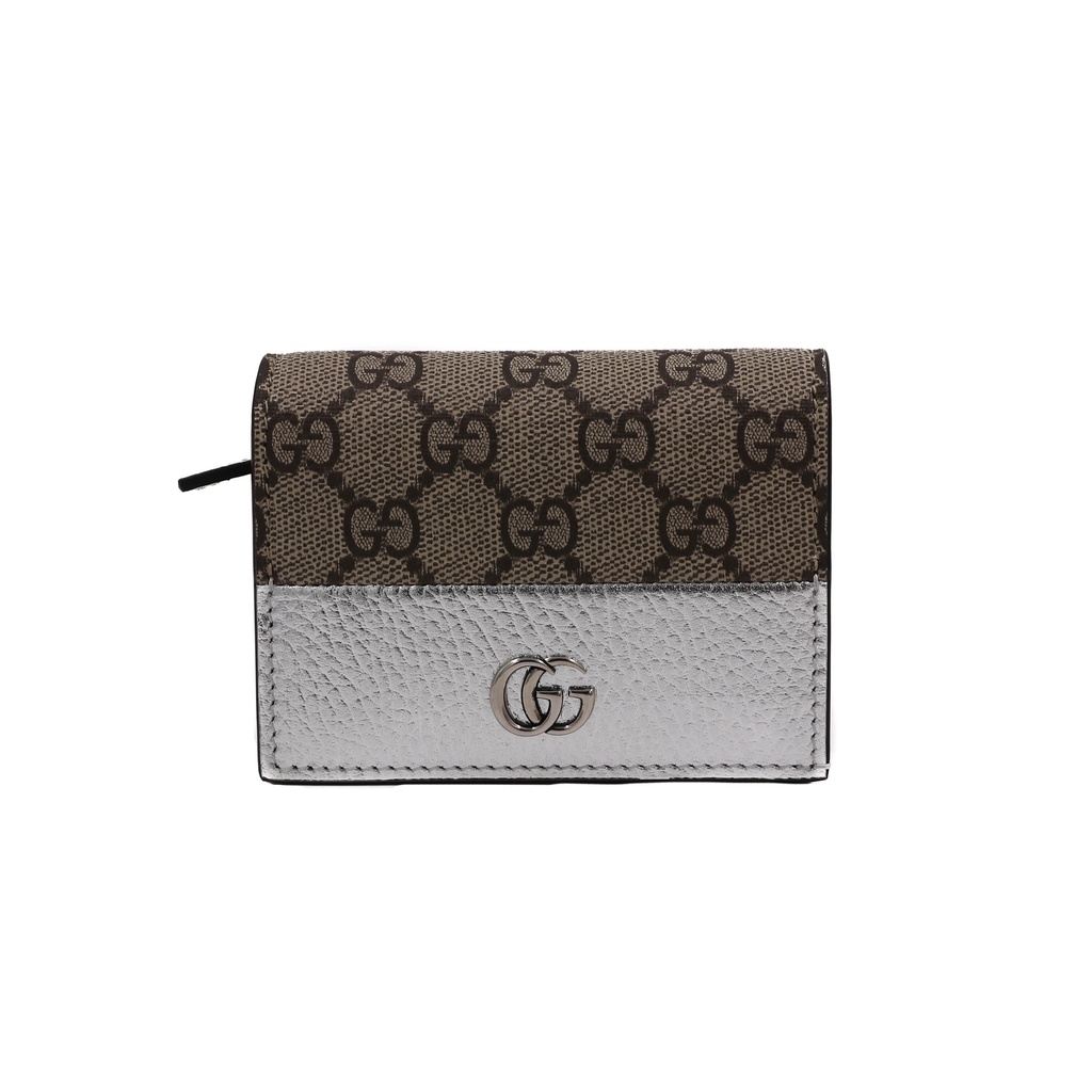 Gucci GG Marmont Bi-Color Card Case Wallet In Beige And Silver Leather 658610
