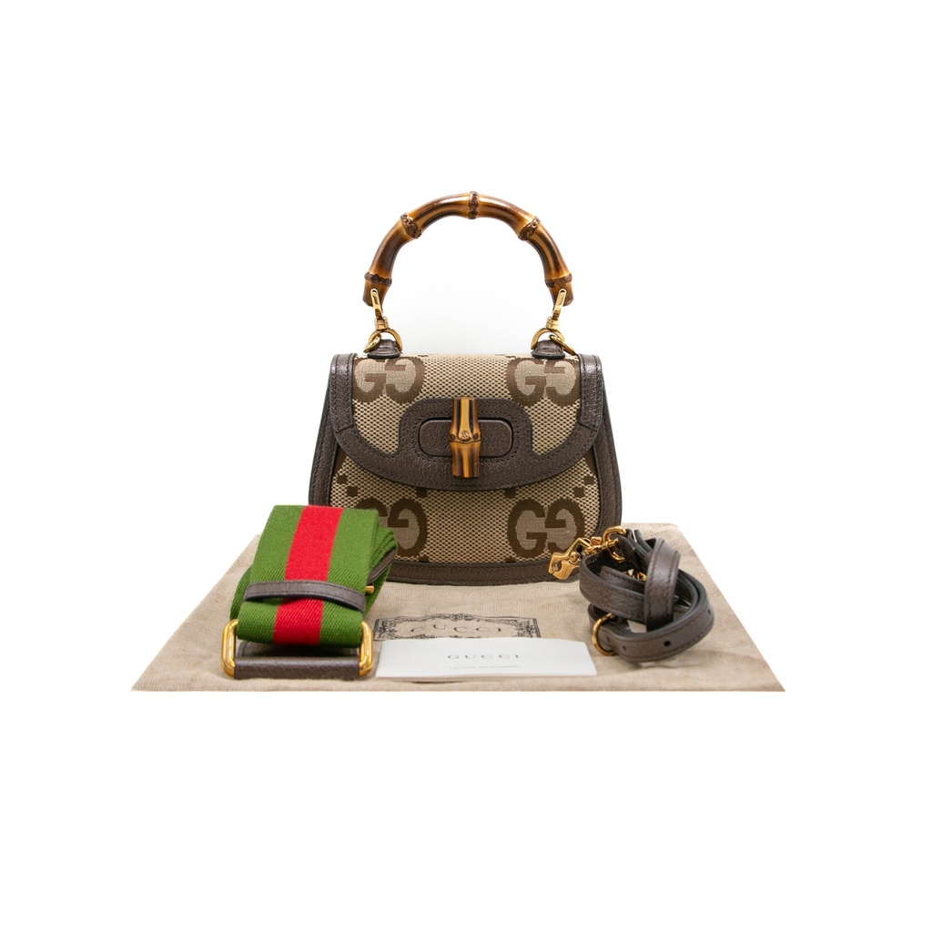 Gucci Jumbo GG Bamboo Canvas & Leather 2 Way Handbag Brown 686864