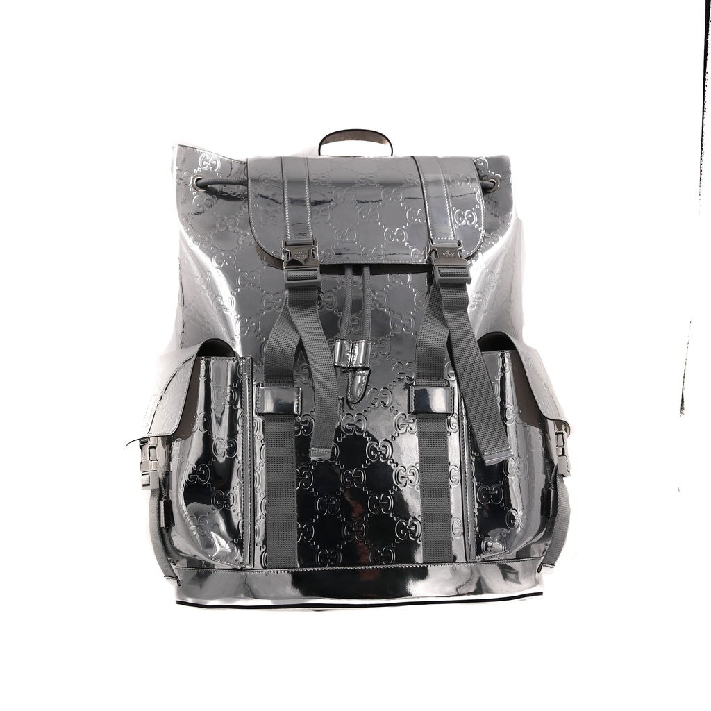 Gucci Small GG Patent Leather Silver Backpack 812427