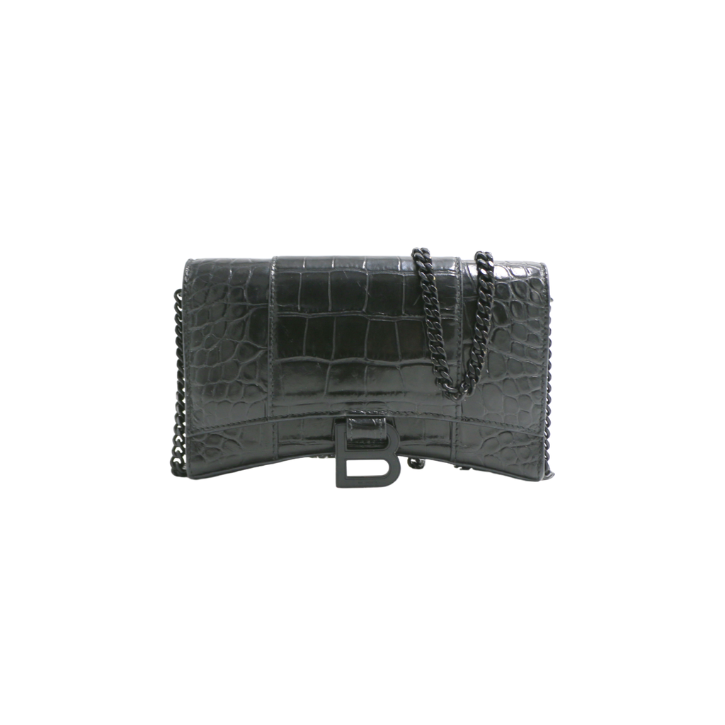 Balenciaga Hourglass Chain Wallet Crocodile Embossed Black