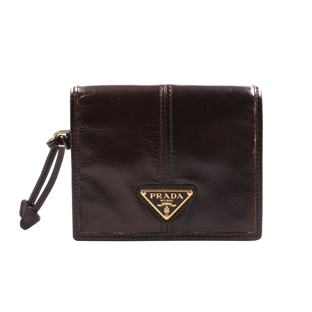 [Prada-24367] Prada Soft Leather Triangle Logo Wallet Brown