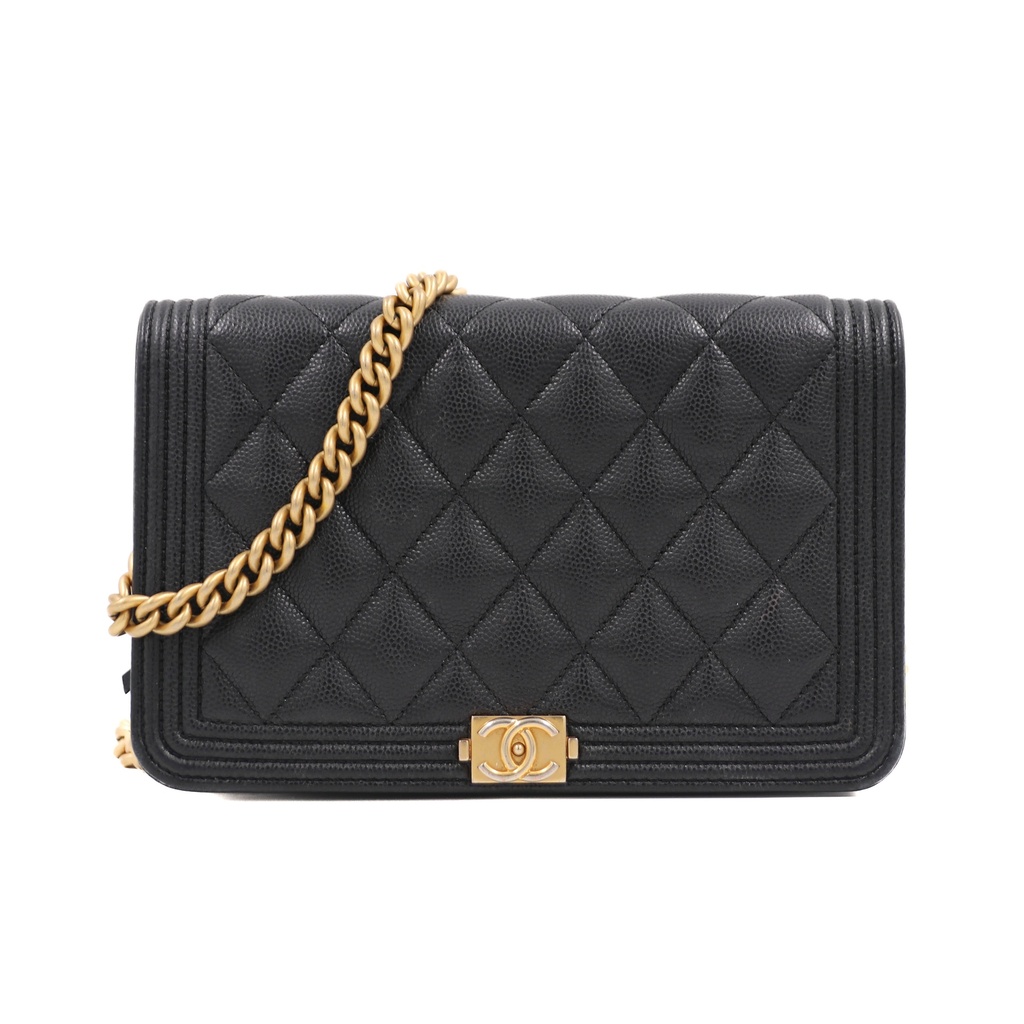 Chanel Black Quilted Caviar Leather Boy Wallet On Chain