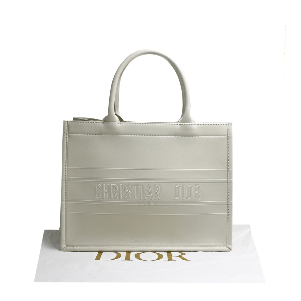 Christian Dior Calfskin Embossed Medium Book Tote Off White