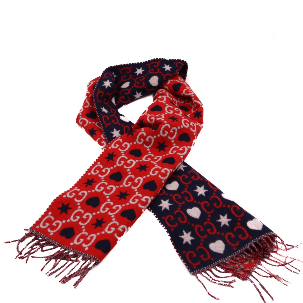 [Gucci-24625] Gucci GG Red and Blue Silk Scarf 601176 In Size 30x200