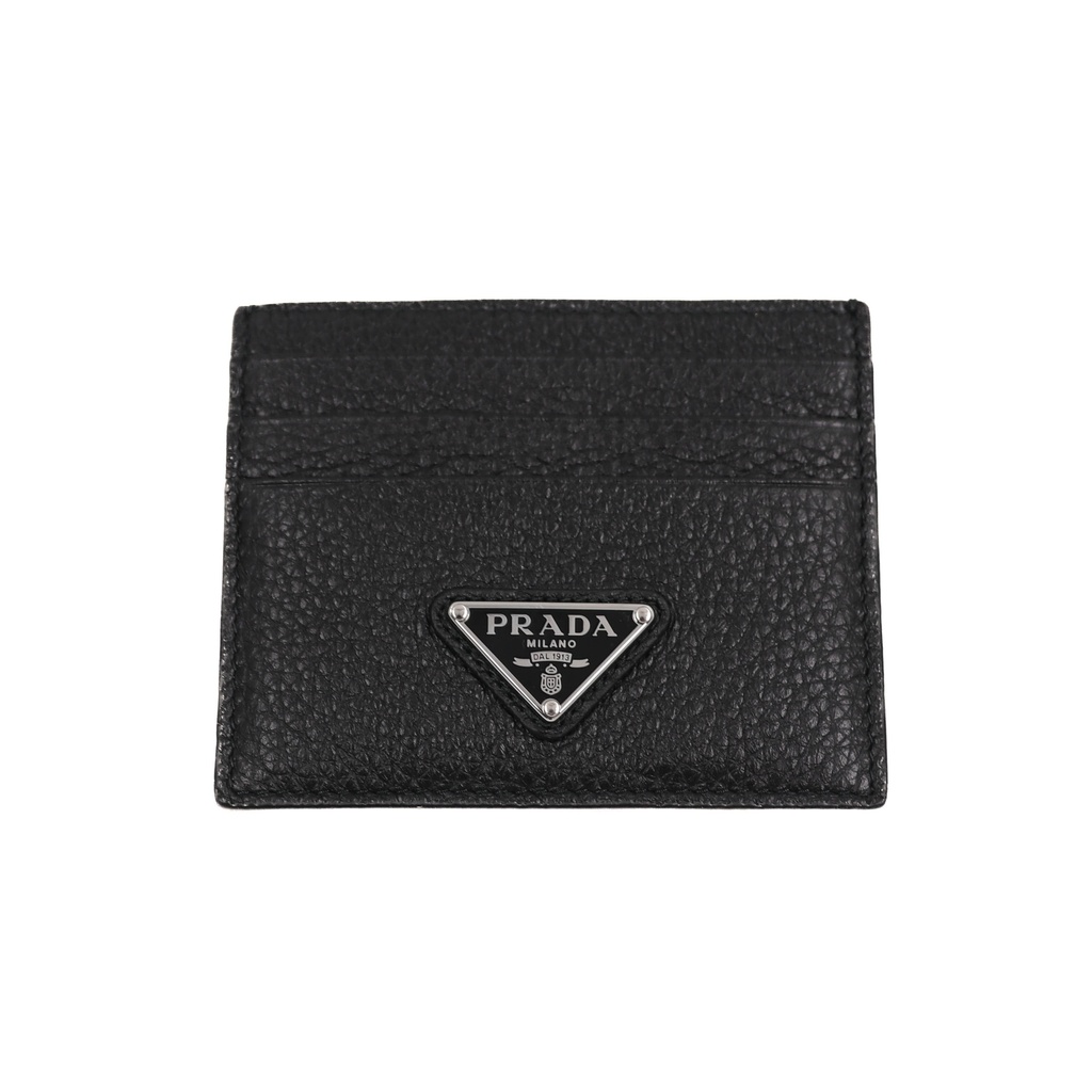 Prada Cardholder Black Grained Leather With a Silver-Tone Logo Plaque