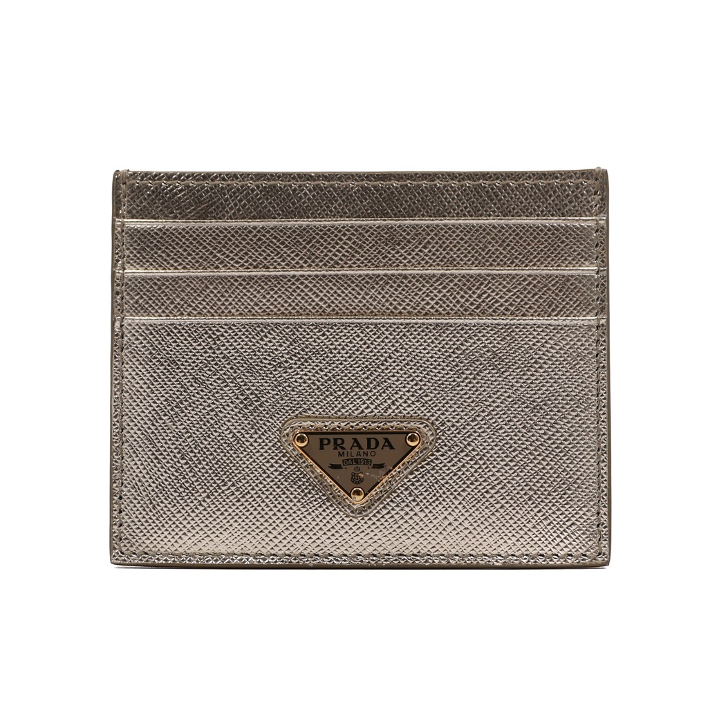 Prada Cardholder Gold Grained Leather With a Silver-Tone Logo Plaque