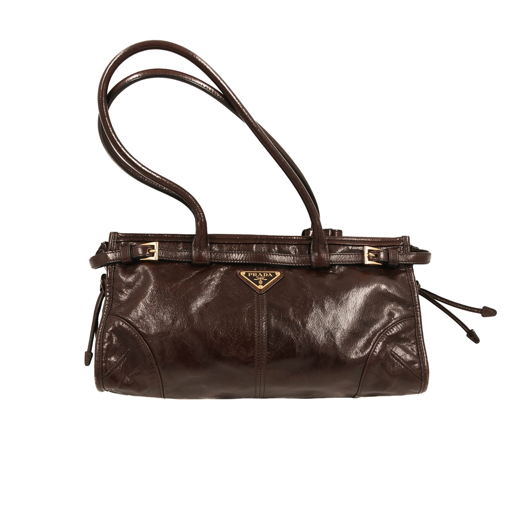 [Prada-24799] Prada Glossy Calfskin Triangle Medium Bonnie Shoulder Bag Brown