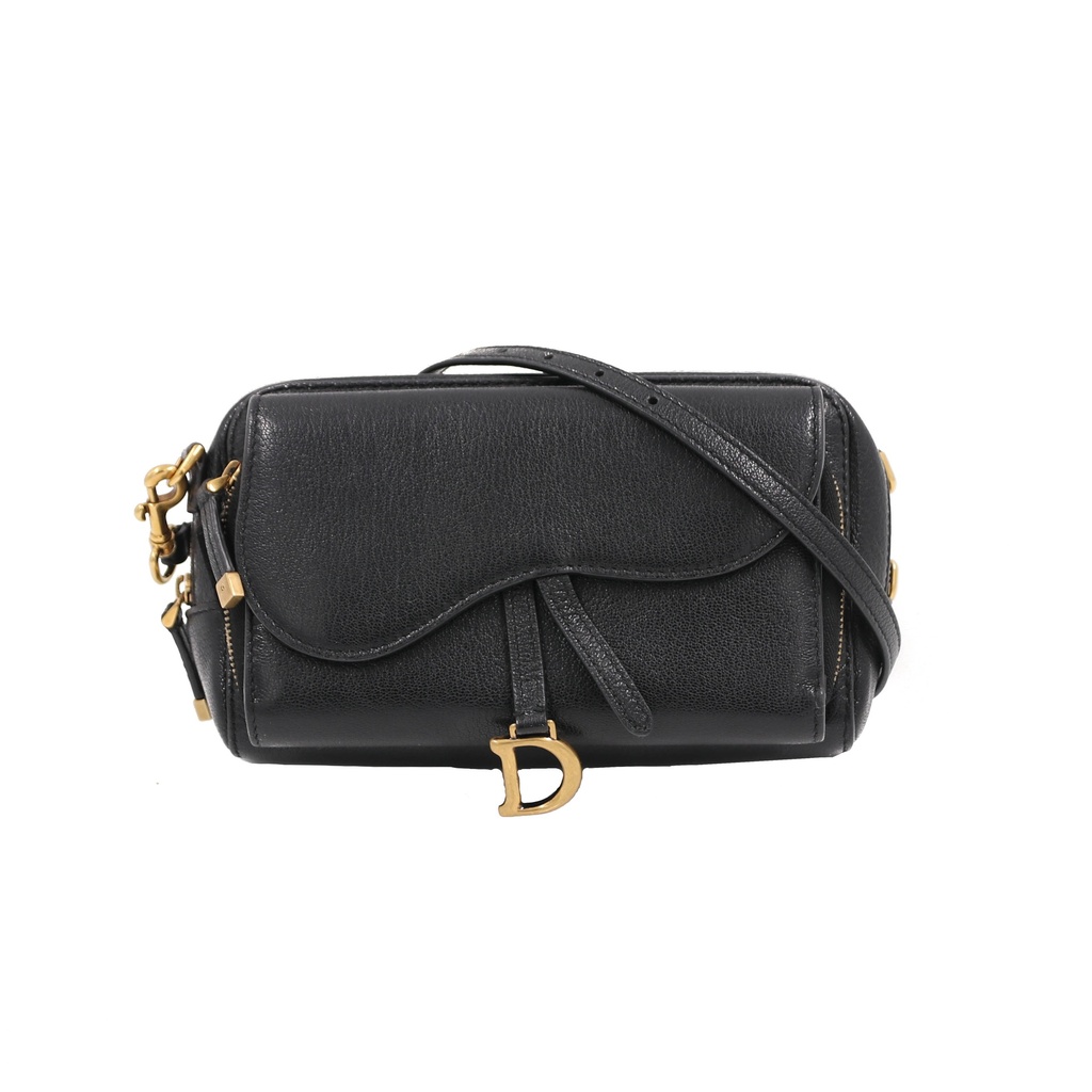 [Christian-Dior-24800] Christian Dior Black Goatskin Double Saddle Pouch Crossbody Bag