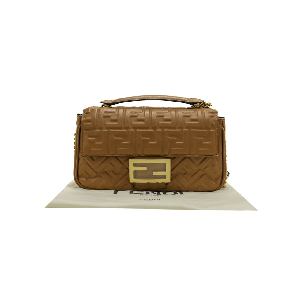 [Fendi-24840] Fendi Baguette 3D FF Motif Chain Shoulder Brown Bag