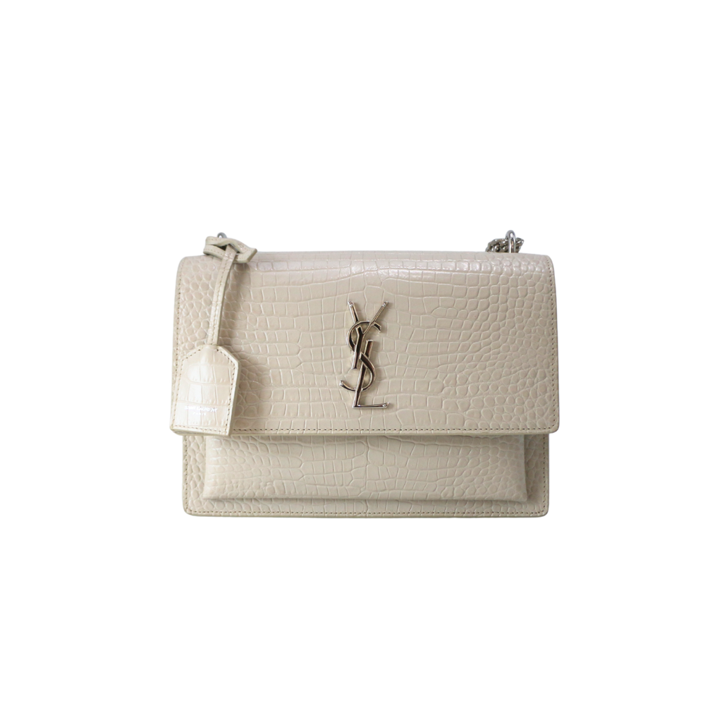 Saint Laurent Sunset Medium Bag White Crocodile-Embossed Leather