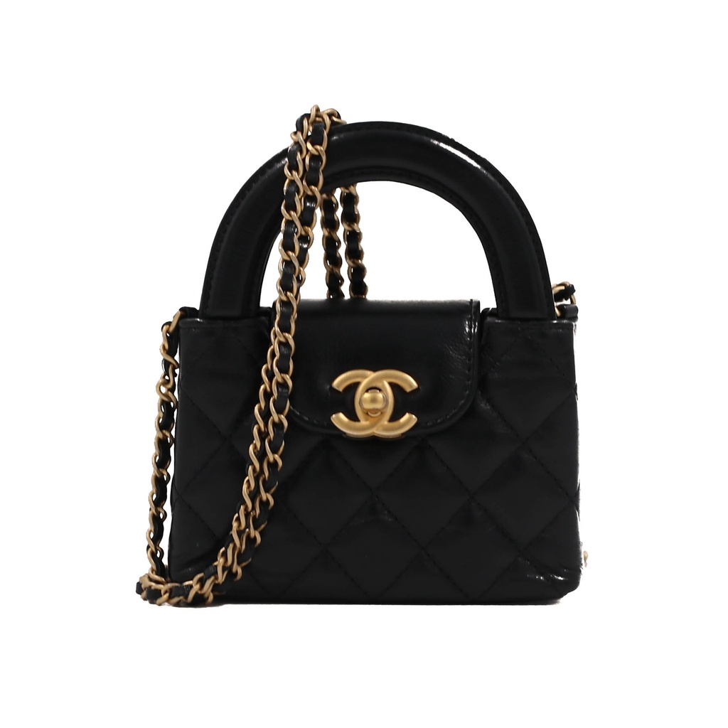 Chanel Shiny Aged Calfskin Quilted Nano Kelly Shopper Bag Black