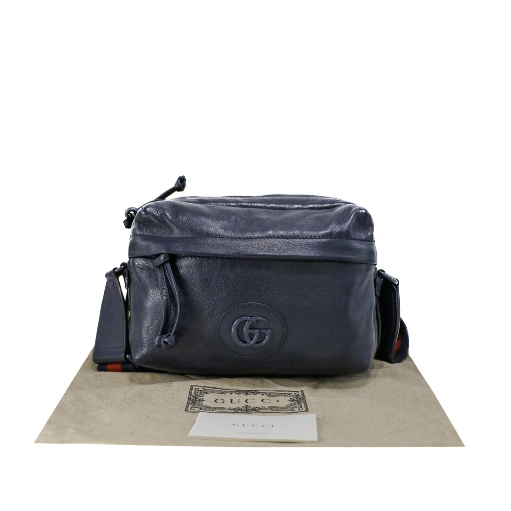 [Gucci-25045] Gucci Double G Leather Messenger Bag Marine Blue 725696