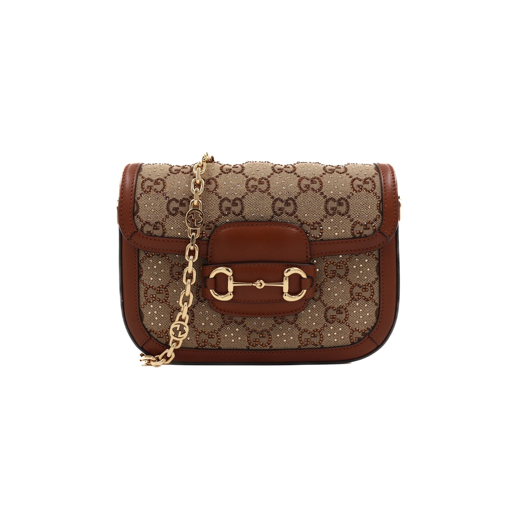 [Gucci-25085] Gucci Horsebit 1955 Crystal Embellished GG Canvas Mini Shoulder Bag 675801