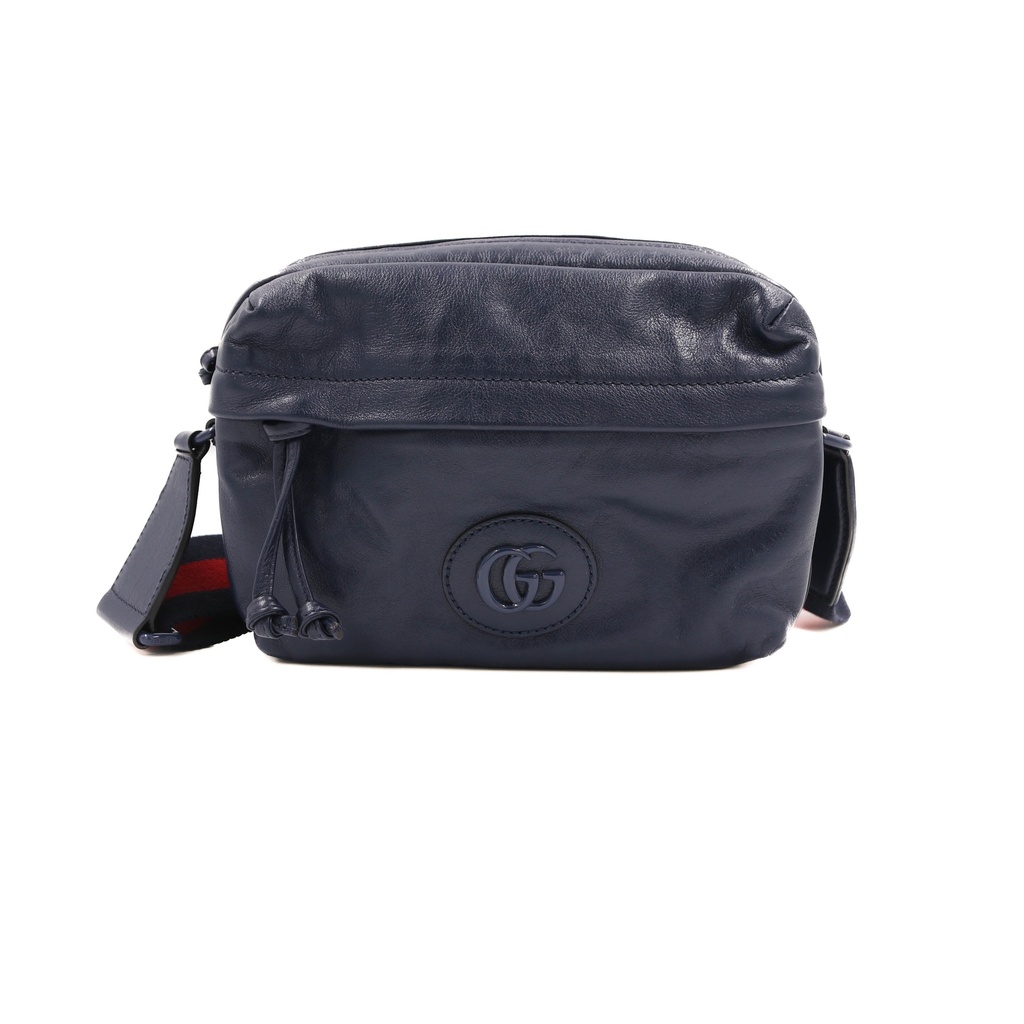 [Gucci-25101] Gucci Double G Leather Messenger Bag Marine Blue 725696