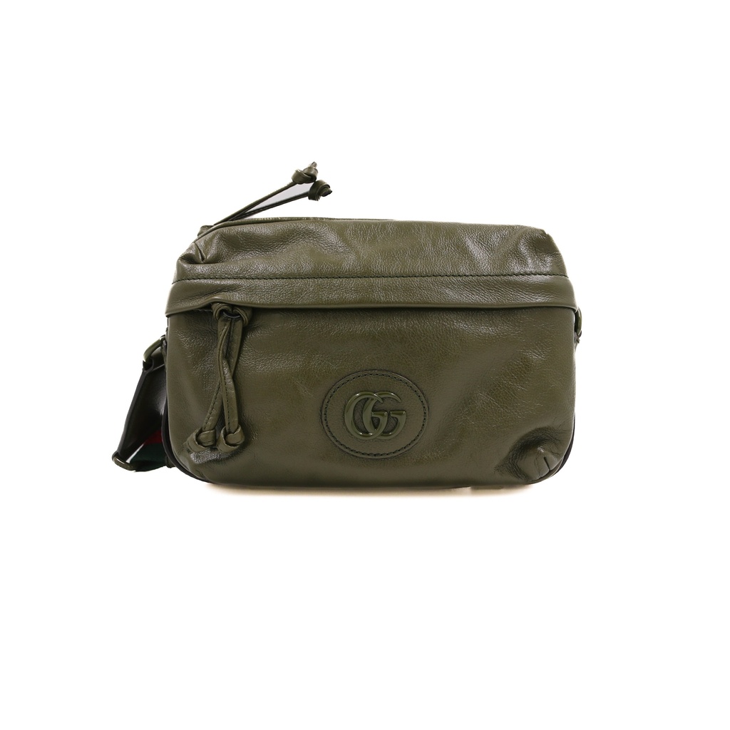 [Gucci-25102] Gucci Double G Leather Messenger Bag Green 725696