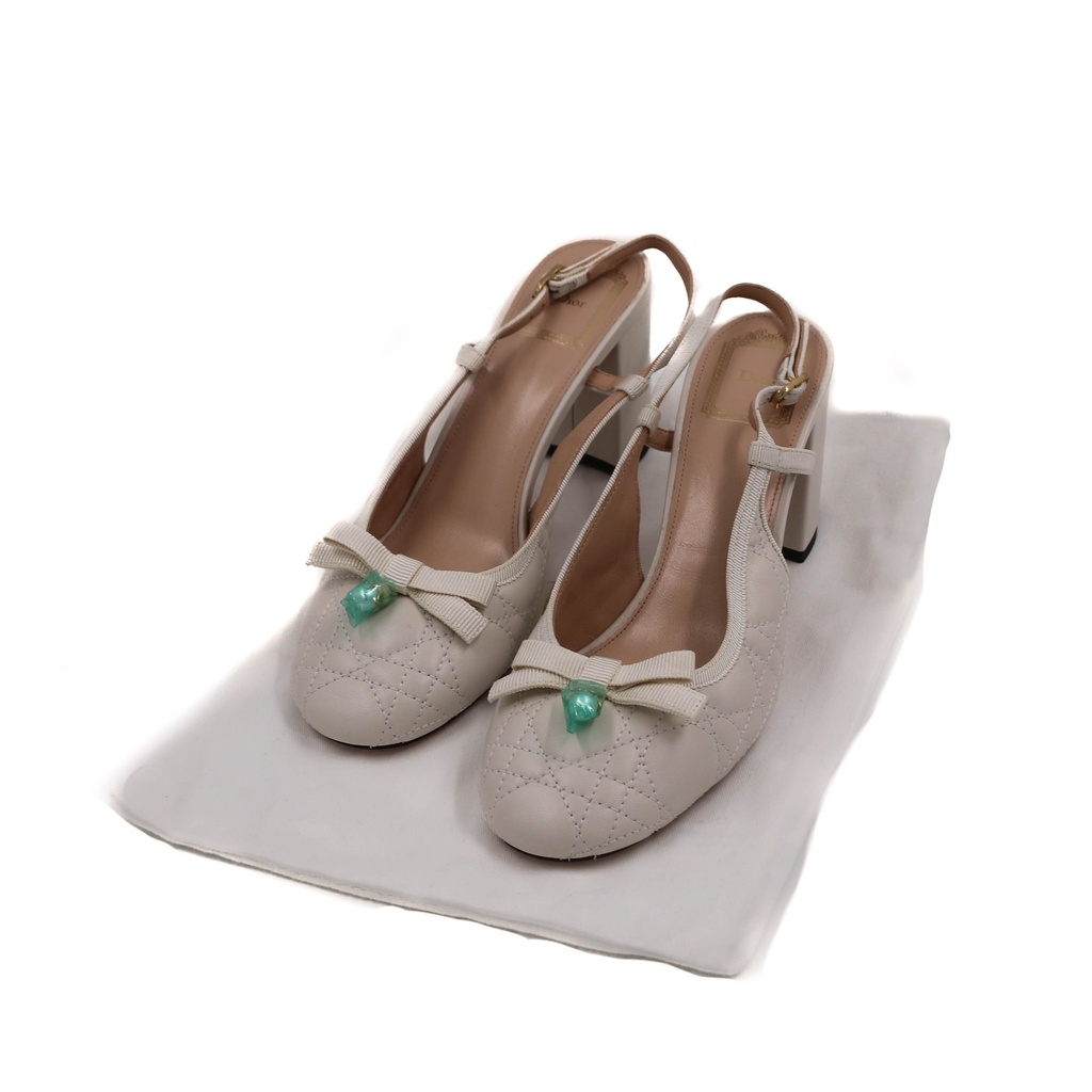 Christian Dior Ballet Slingback Pumps Lambskin Leather White Size 37 1/2