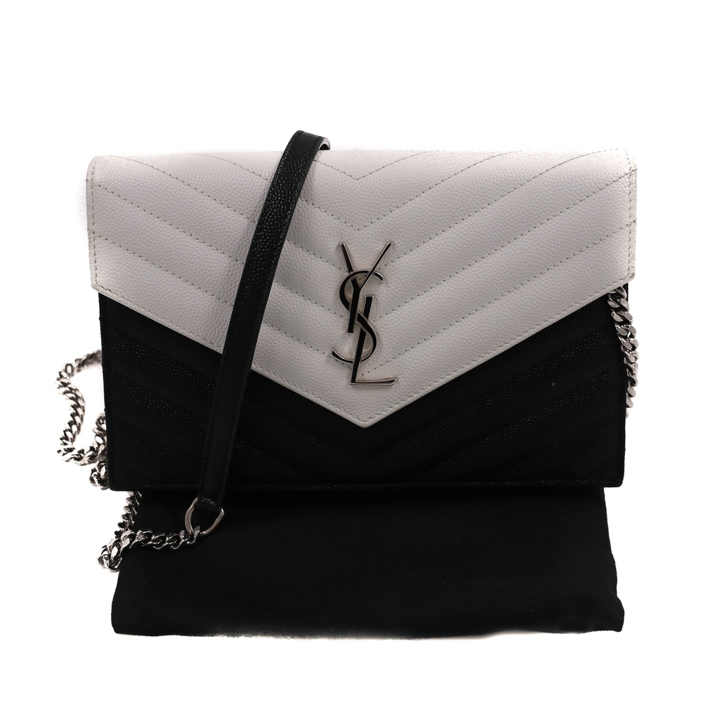 [Yves-Saint-Laur-25134] Yves Saint Laurent Black/White Chevron Leather Envelope Wallet on Chain
