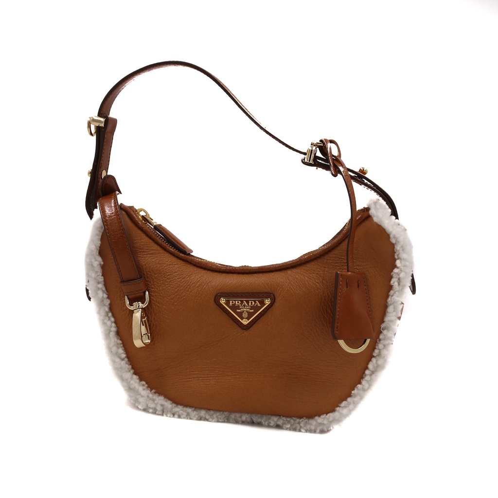 [Prada-25325] Prada Arqué Small Shearling Shoulder Bag in Beige