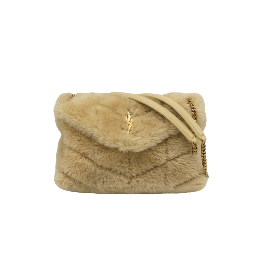 Yves Saint Laurent LouLou Puffer Shearling Shoulder Bag Beige